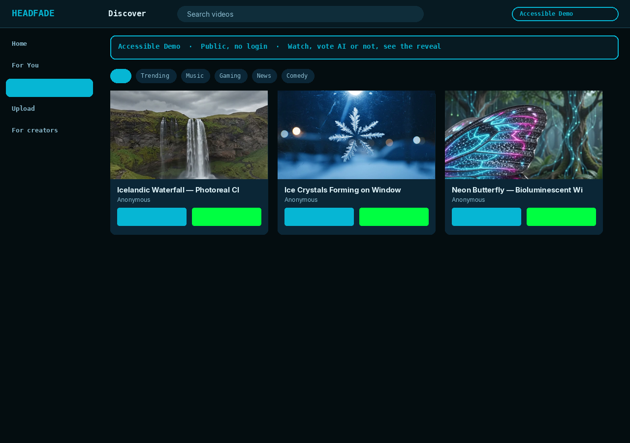 Public Discover Accessible Demo on headfade.com with product chrome and feed cards, captured logged out