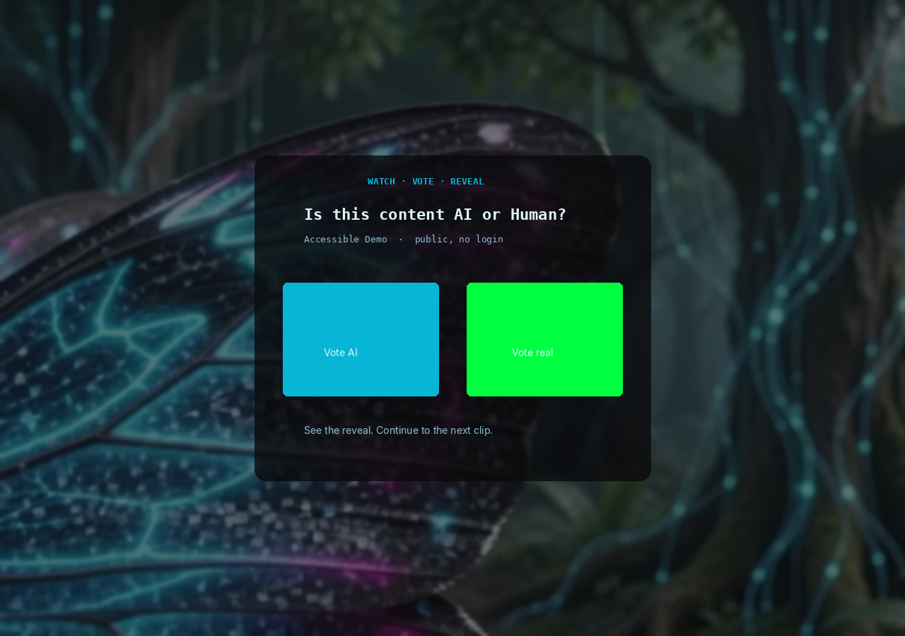 Watch-vote-reveal overlay on headfade.com: vote AI or not, then see the reveal